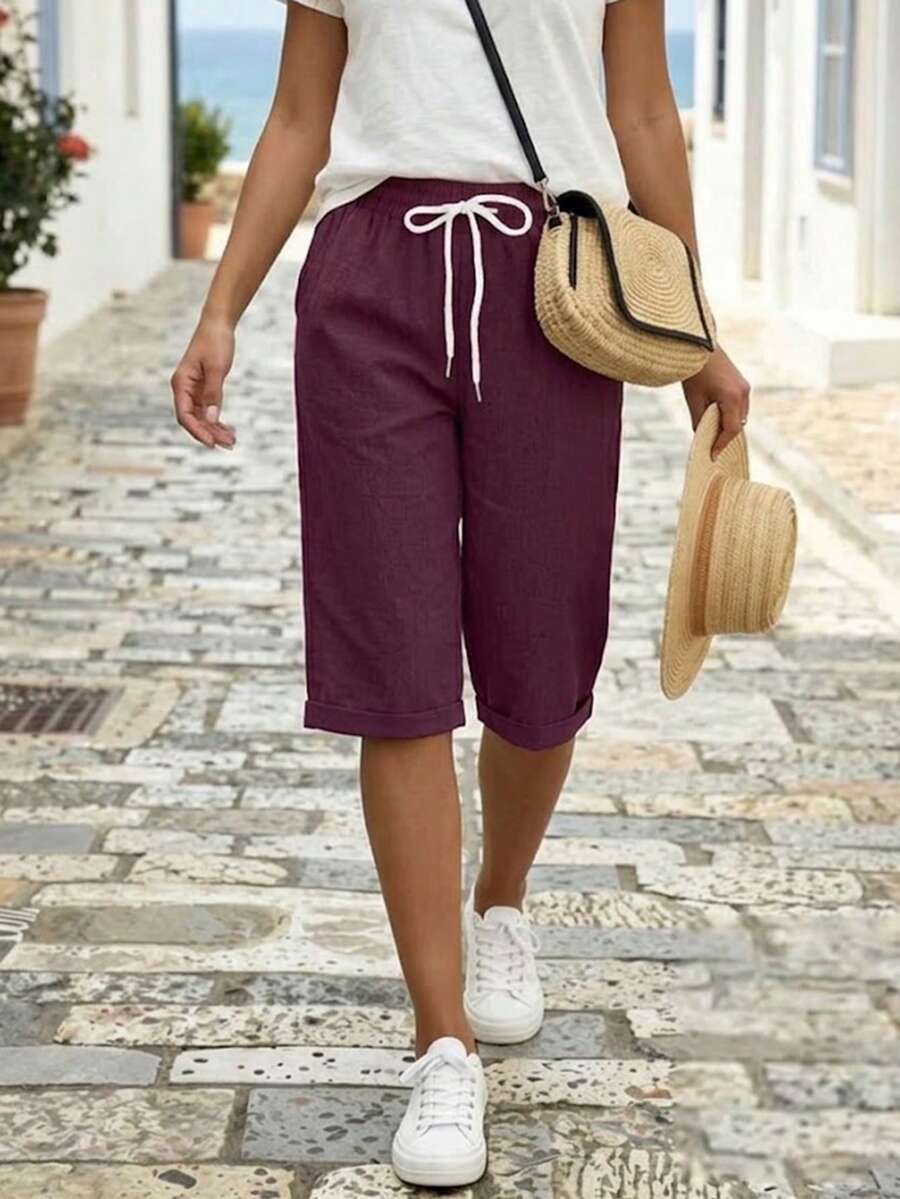 Jisfaneya Women's Drawstring Elastic Waist Pockets Solid-Color Minimalist Casual Cropped Pants Summer - Purple - View 1