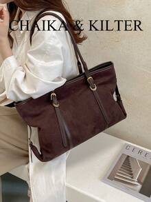 1pc Simple Buckle Suede Fabric Shoulder Tote Bag, Suitable For Commuting, Shopping, Etc. - Coffee - View 8