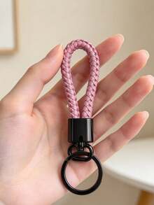 Sakura Pink Braided Leather Keychain, Gun Black Matte Hardware With Rotatable Design, Paired With Dual Spare Key Rings, Durable Anti-Loss High-Quality Texture, Minimalist Versatile, Suitable For Car Keys, Bags, Commuting And Daily Use - Pink Braided Buckle - View 1