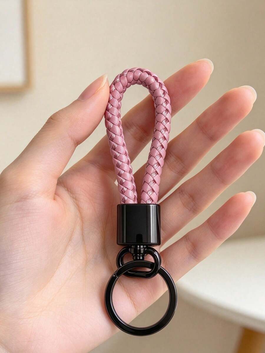 Sakura Pink Braided Leather Keychain, Gun Black Matte Hardware With Rotatable Design, Paired With Dual Spare Key Rings, Durable Anti-Loss High-Quality Texture, Minimalist Versatile, Suitable For Car Keys, Bags, Commuting And Daily Use - Pink Braided Buckle - View 1
