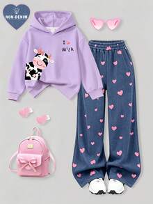 Girls Casual Cartoon Cow Print Hooded Sweatshirt And Loose Pants 2-Piece Set, Autumn/Winter Daily Home And Outdoor Wear - Mauve Purple - View 1
