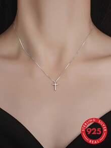 1pc 925 Sterling Silver Cross Pendant Necklace, Fashionable Personalized Choker Necklace, Suitable As Birthday Gift For Women - Silver - View 2