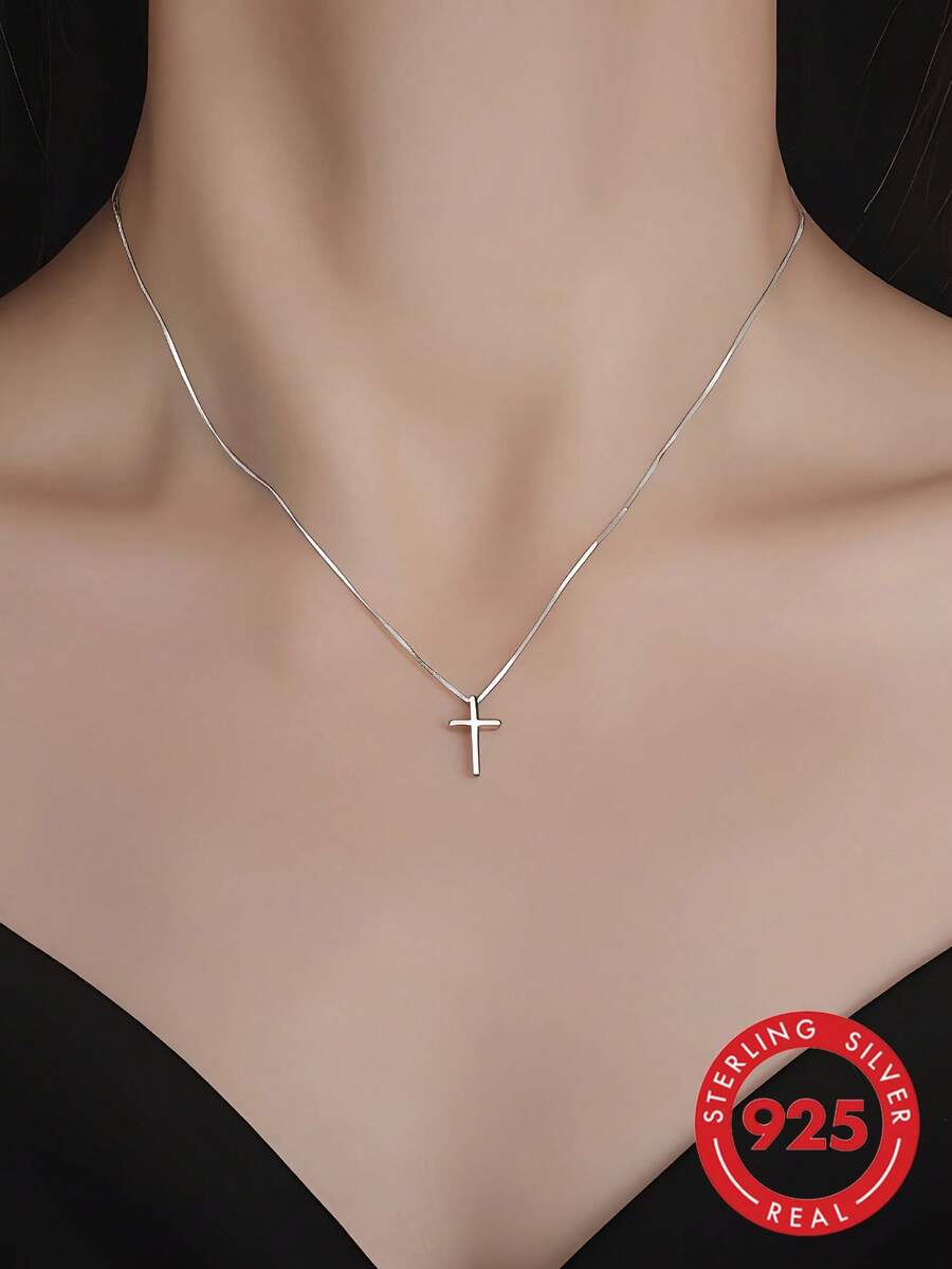 1pc 925 Sterling Silver Cross Pendant Necklace, Fashionable Personalized Choker Necklace, Suitable As Birthday Gift For Women