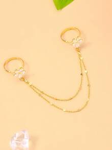 1pc Bohemian Style Silver Rhinestone Double Ring Women's Hand Jewelry, Elegant Crystal Connected Finger Party Ring, Suitable For Wedding, Prom And Evening Wear - Gold - View 5