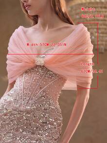 1pc Light Pink One Size Cold Shoulder Bridal Shawl, Short Tulle Wedding Shoulder Wrap, Bridal Photography Party Evening Dress Accessory - Light Pink - View 9