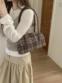 Women's Shoulder Bowling Bag, Fashionable Retro Plaid Design, Suitable For Shopping And Commuting, Brown Color, Autumn/Winter - Brown - View 6