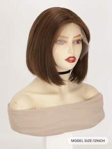 Wig Bob Lurus Cokelat 12 Inci untuk Wanita, Wig Sintetis Bob Pendek Belahan Tengah dengan Bagian Depan Renda, Wig Tahan Panas dengan Tampilan Alami untuk Seluruh Kepala, Cocok untuk Pemakaian Sehari-hari - Coklat - View 5
