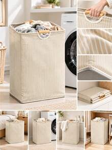 1/2/3/4pcs Striped + Plaid Set Large Capacity Portable Foldable Laundry Basket, Suitable For Clothing Storage, Laundry Table Desktop Accessory Storage, Dirty Clothes Basket, Home Bathroom Laundry Basket, College Dormitory Essential Bedroom Decor - Multicolor - View 3