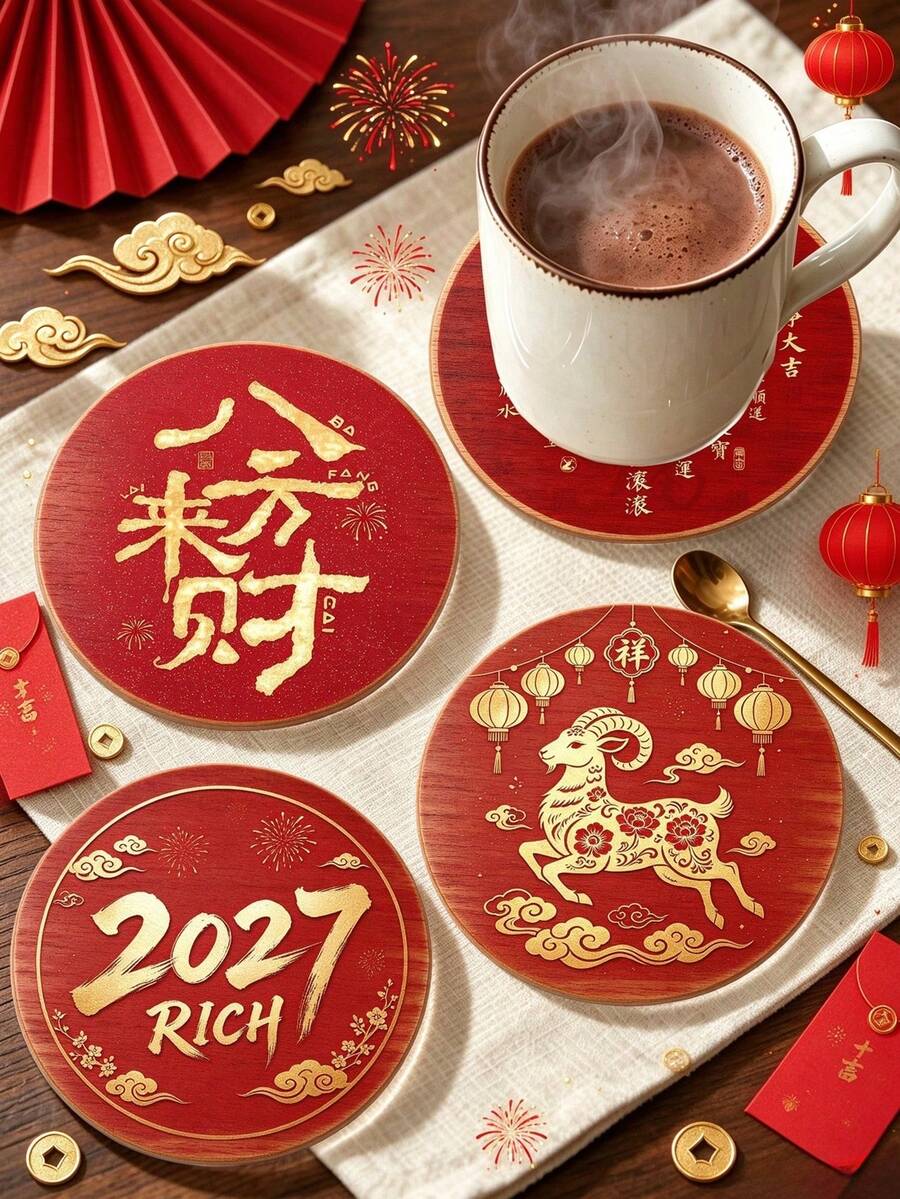 1pc/4/8pcs Round Wooden Drink Coaster, 2027 Year Of The Goat Sheep Ram ...