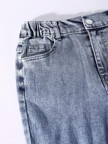 Girls' Vintage Washed Denim Jeans, Fashion Distressed Flare Leg Design, Streetwear, Campus, College Style - Blue - View 5