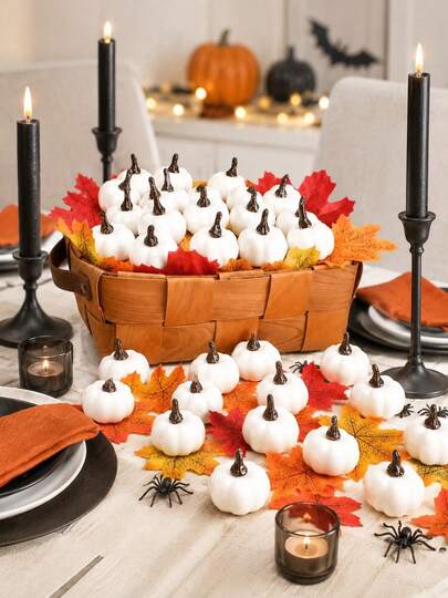 12PCS White DIY Mini Pumpkin Shapes, Blank Paintable Pumpkin Handmade Decor, Small Autumn Harvest Tabletop Ornaments, Suitable For Tiered Trays, Mantels, Shelves, Desks, Centerpieces, Halloween Party, Thanksgiving, Autumn Farmhouse Home Decor (No Brushes And Paints Included, DIY Creation)
