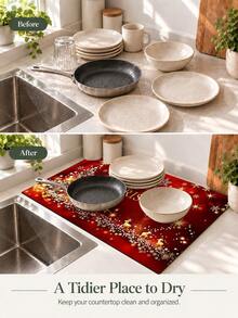1pc Christmas Text Pattern Diatomaceous Earth Absorbent Drying Mat, Kitchen Countertop Drain Mat, Coffee Machine Mat, Dish Drying Mat, Dining Table Breakfast Mat, Non-Slip Heat Resistant Easy To Clean Hidden Water Stains, Suitable For Kitchen Dining Table Coffee Shop Bar Home Decor Holiday Gift - Multicolor - View 8