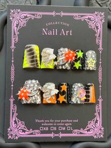 10Pcs Handmade Autumn Winter Y2K Punk Press On Nails, Short Duck Nails With 3D Spike Pom-Pom, Rhinestone Snake Chain & Star Decor, Halloween Gothic Reusable False Nails - Yellow - View 12