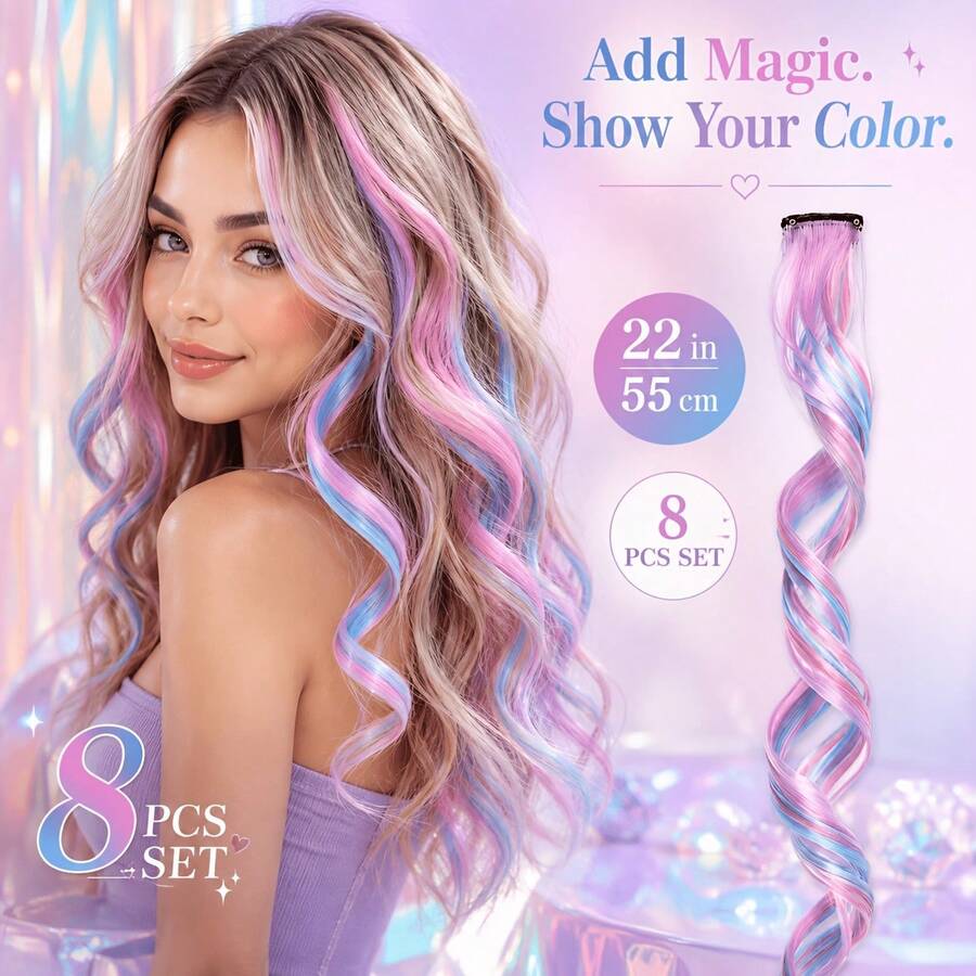 8 PCS Pastel Blue Purple Ombre Clip-In Hair Extensions, 22 Inch Straight & Curly Synthetic Hair Strands, Colorful Clip-On Hair Pieces For Women, Y2K Style For Party, Halloween Cosplay, Music Festival