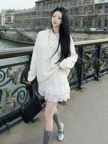 女款米色寬鬆羅紋圓領針織毛衣，長袖套頭衫，柔軟彈性保暖，秋冬休閒穿搭必備 - 杏色 - 查看 5