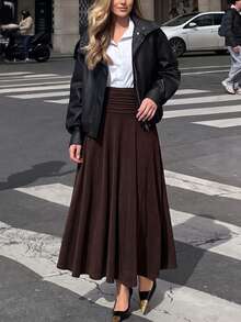 Women's Solid Color Pleated Casual Versatile Daily Wear Skirt - Brown - View 2