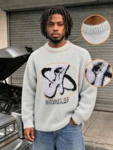 BLACKTOEXIT Men's Loose Round Neck American Street Style Casual Knit Sweater, Lazy Commute Knitwear, Autumn/Winter - Grey - View 2