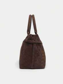 Women's Solid Color Suede Handbag With Buckle Strap, Large Capacity Casual Vintage Shoulder Bag, Suitable For Daily Work And Office - Coffee - View 4