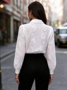 Women's Elegant Solid Color Floral Embroidered Front Button Long Sleeve Semi-Sheer Blouse, Suitable For Home, Office, Vacation, Holiday, All Seasons - White - View 2