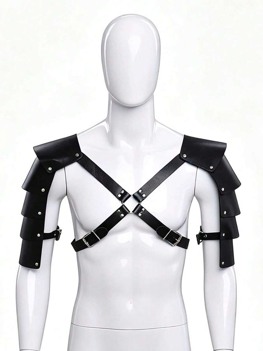 1pc Adjustable Synthetic Leather Body Corset Straps, Shoulder Armor Buckles, Tight Fitting Clothes - Black - View 1