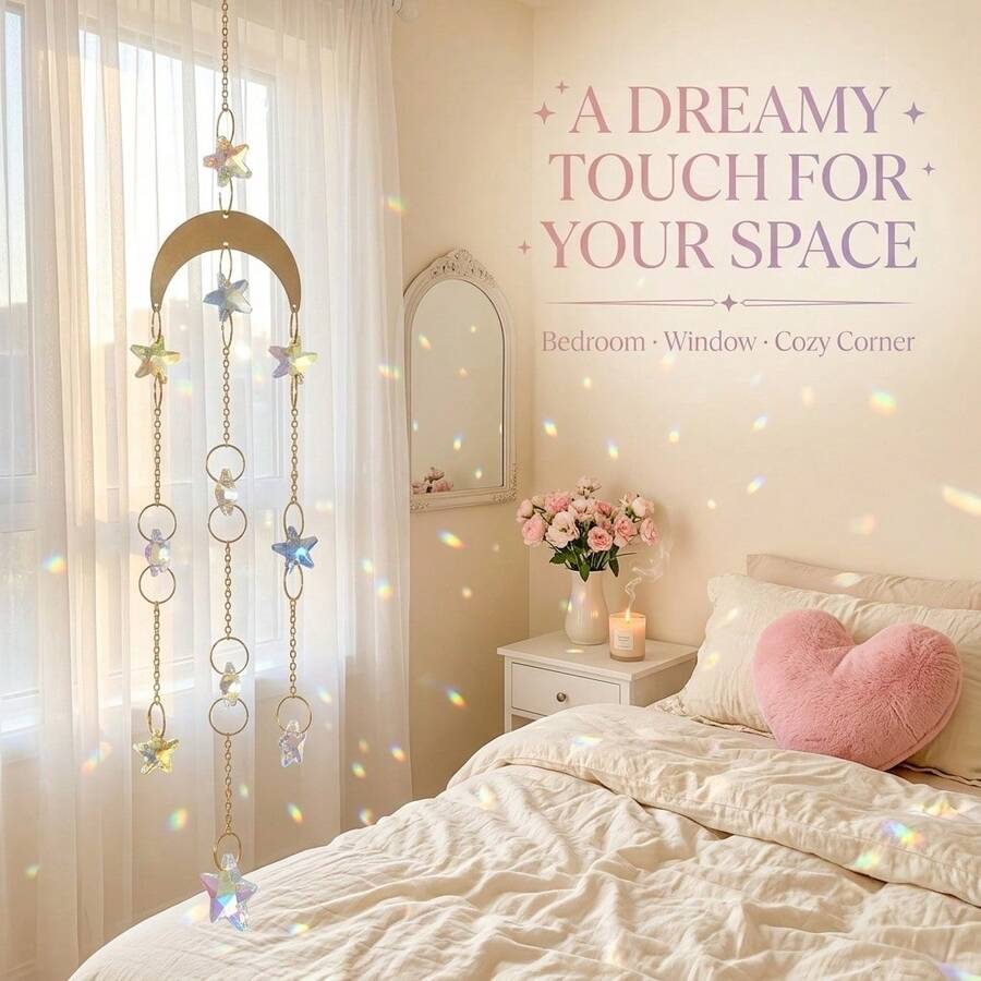1pc Gold Moon Star Crystal Suncatcher, Glass Prism Pendant, Multi-Use Home Window, Car Interior And Handbag Charm, Bedroom Garden Decor, Halloween Christmas Birthday Gift For Her - Moon Star Crystal Wind - View 1