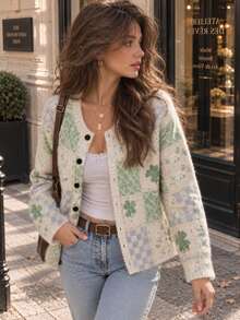 Women's Patchwork Pattern Single-Breasted Long Sleeve Knit Cardigan - Off White - View 7