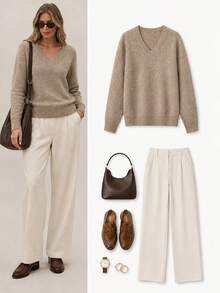 Women's Elegant Vintage Fashion Wool Long Sleeve Sweater, Loose Fit, 15% Wool Content, Lightweight Luxury Minimalist Commute V-Neck Solid Color Long Sleeve Top, Quiet Luxury Style, Suitable For Home, Daily Wear And Outdoor Commute, Perfect For Women's Office, Campus And Teacher Outfits - Khaki - View 6