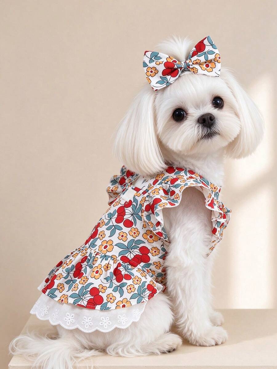 1pc Dog & Cat Mesh Wedding Dress With Bow, Cute Fashionable Elegant Charming Creative Personalized Design Printed Pet Dress - Multicolor - View 1
