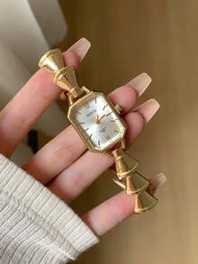 Elegant Gold Women's Quartz Watch, White Dial With Mixed Hour Markers, Unique Strap Design, Suitable For Daily Wear - Gold - View 2