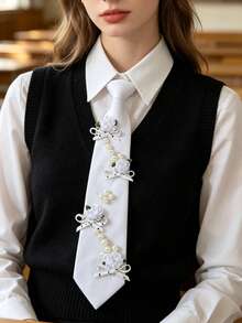 3D Flower Pearl String Polka Dot Bowknot White Tie-Free Necktie For Women, Exquisite Shirt Decoration Necktie For Girls - White Small Flower Pearl - View 9