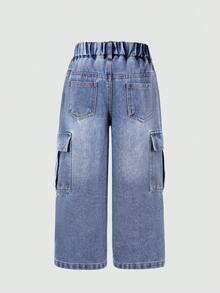 Quần jean denim ống suông rộng phong cách thường ngày cho bé trai với túi hộp - Màu xanh lam - Xem 3