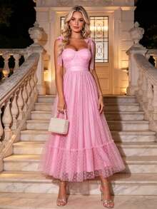Joyfunear Women's Solid Color Mesh Spaghetti Strap Playful Dress Pink Elegant Summer - Pink - View 1
