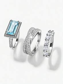 3pcs Vintage Sapphire Style Rings, Silver Multi-Layer CZ Halo, Emerald Cut, Art Deco Design, Suitable For Brides And Special Occasions - Silver - View 11