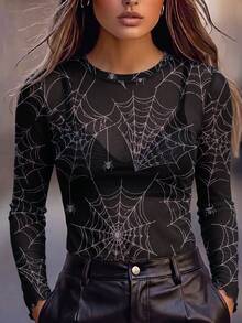 Women's Spider Web Print Mesh Long Sleeve Top, Round Neck Sheer Slim Fit Blouse, Ruffle Cuffs Gothic Y2K Halloween Street Style Blouse - Multicolor - View 8