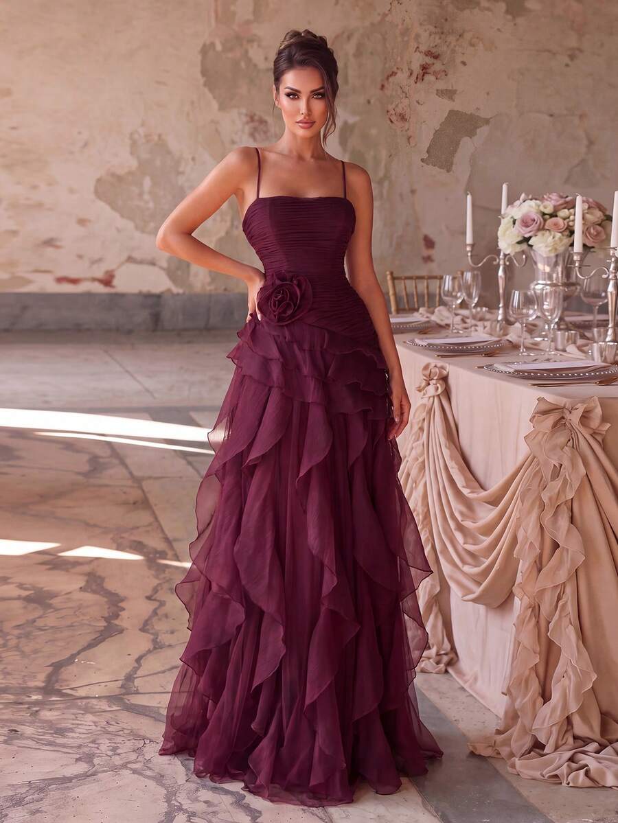 Faeriesty Elegant Red Mermaid Skirt, Sleeveless Strapless Design, Embellished With Pearl Decor, Suitable For Formal Occasions - Burgundy - View 1