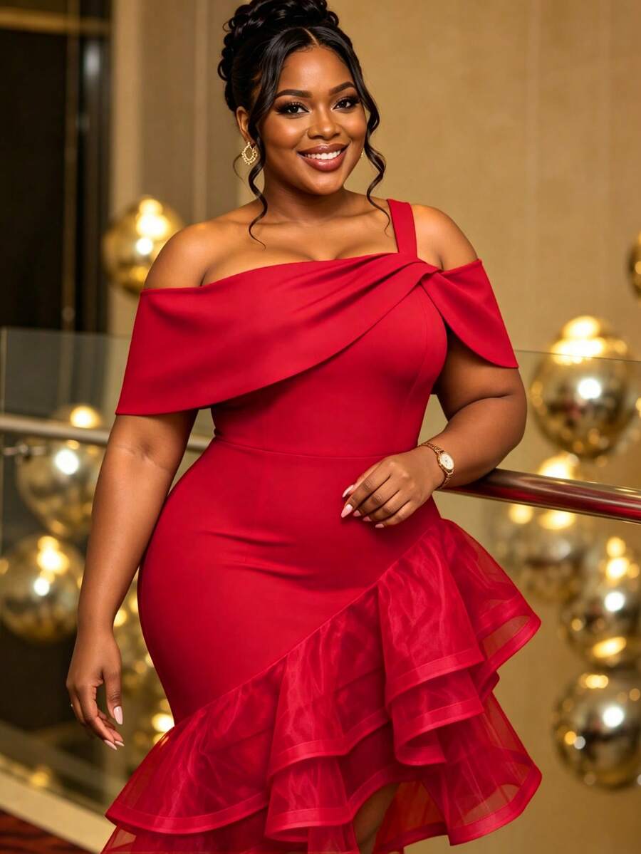 Glamorous Women Plus Ize Red Off Shoulder Cold Shoulder Bodycon Mini Dress High Waist Tiered Ruffle Hem Evening Party Wedding Guest Gown