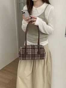 Women's Shoulder Bowling Bag, Fashionable Retro Plaid Design, Suitable For Shopping And Commuting, Brown Color, Autumn/Winter - Brown - View 4