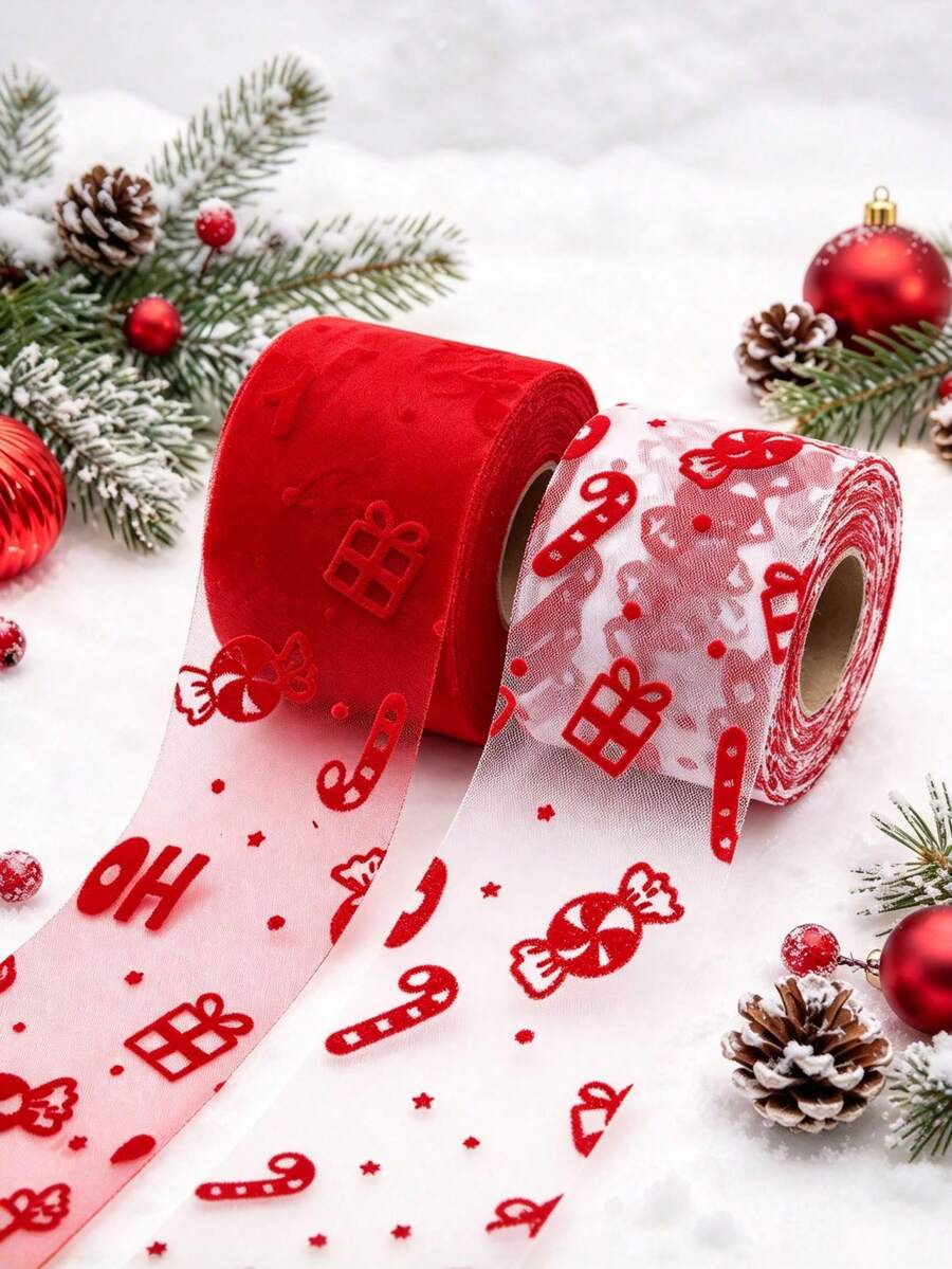 1pc Christmas Candy Cane Pattern Tulle & Organza Ribbon, Red & White Design, Elegant Chiffon Style, Suitable For Crafts, Ballet Tutus, Gift Wrapping, Wedding Decor And Home Decor - Style 1 - View 1