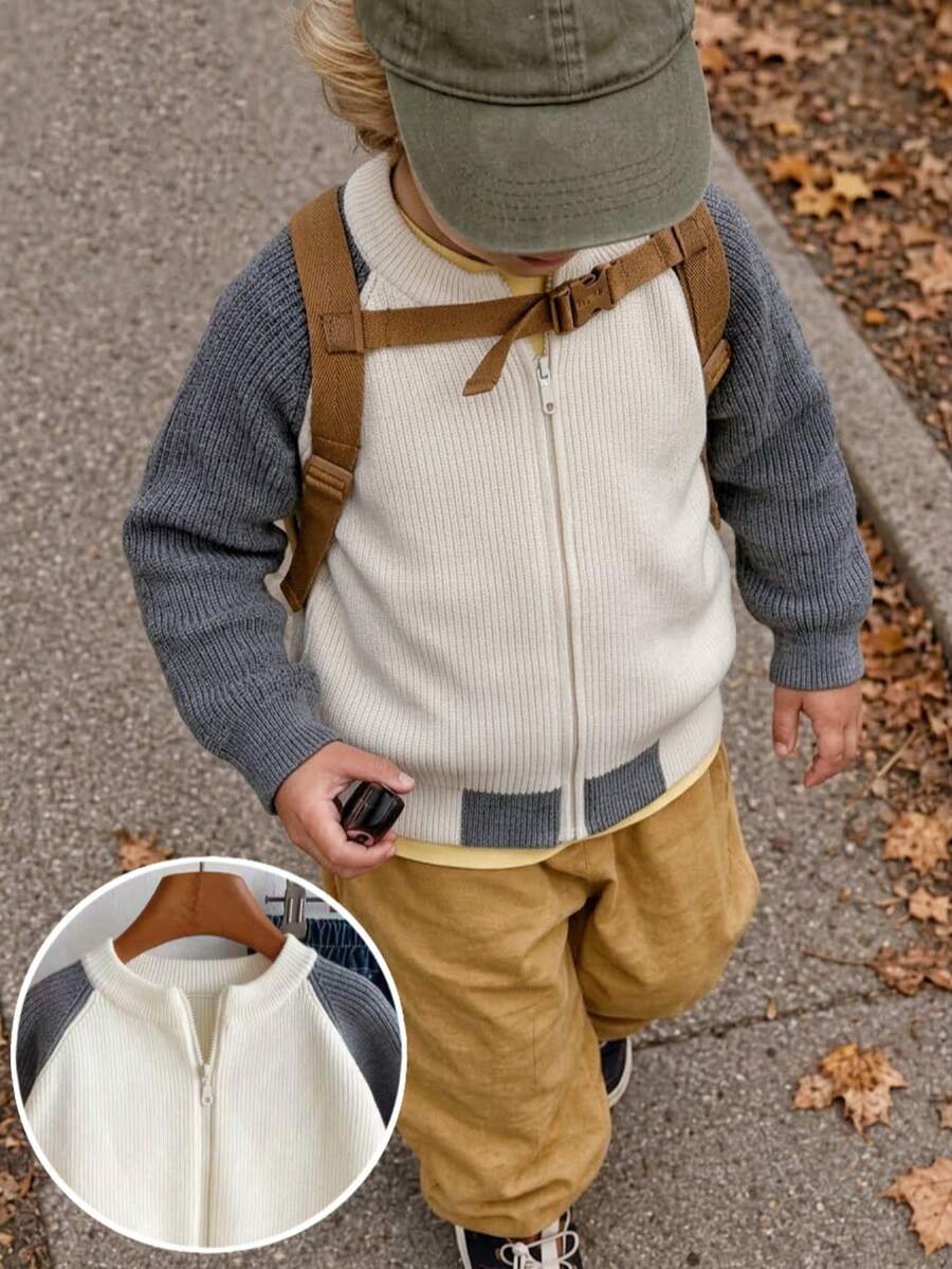 Boys Toddler College Style Colorblock Stand Collar Knit Cardigan Sweater Jacket Suitable For School Daily Wear Spring Autumn Winter - Apricot - View 1