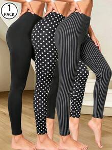 1 paquete de Leggings de Alta Elasticidad con Lunares y Rayas Negras para Mujer, Pantalones de Capa Base de unicolor, Cómodos para Deportes, Entrenamiento, Yoga, Hogar, Caminar, Uso Diario, Largo 9/10 - Multicolor - Ver 1
