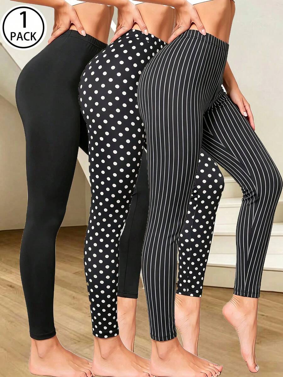 1 paquete de Leggings de Alta Elasticidad con Lunares y Rayas Negras para Mujer, Pantalones de Capa Base de unicolor, Cómodos para Deportes, Entrenamiento, Yoga, Hogar, Caminar, Uso Diario, Largo 9/10 - Multicolor - Ver 1