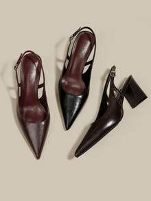 ManLuZi Women's Pointed Toe Black Chunky Heel High Heel Pumps Elegant Pointed Toe Formal High Heels Fashion Back Strap Slingback High Heels - Black - View 7