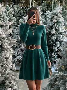 SEREN Women's New Half-High Neck Long Sleeve Knit Dress, Comfortable Waist-Defining A-Line Sweater Dress, Suitable For Autumn And Winter - Green - View 3