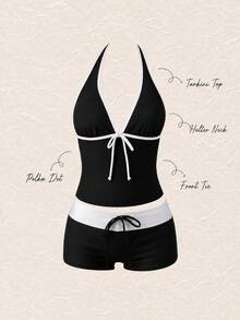 New Summer Sweet Cute Black & White Halter Neck Two-Piece Bikini Set, Beach Vacation Casual Style - Black and White - View 2
