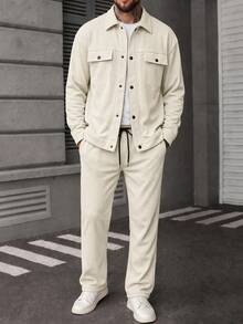Men's Waffle Texture Jacquard Shacket And Pants Set - Apricot - View 1