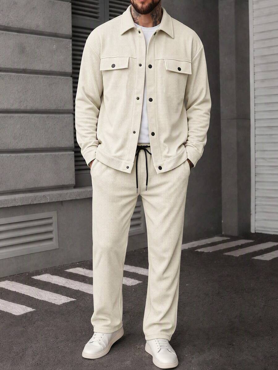 Men's Waffle Texture Jacquard Shacket And Pants Set - Apricot - View 1