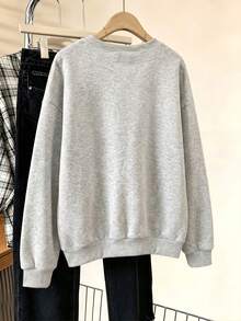 Women's Long Sleeve Crew Neck Sweatshirt, Featuring Faux Embroidery Style Pattern Print, Suitable For Autumn/Winter Wear - Light Grey - View 4