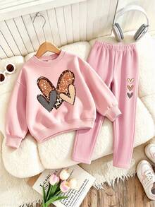 Set 2pcs/Set Sweatshirt Leher Bulat dan Legging untuk Anak Perempuan, Sweatshirt Leher Bulat Motif Hati Tiga Warna + Legging, Cocok untuk Musim Gugur/Dingin, Gaya Kampus, Pakaian Acara Pulang Kampung - MultiWarna - View 3