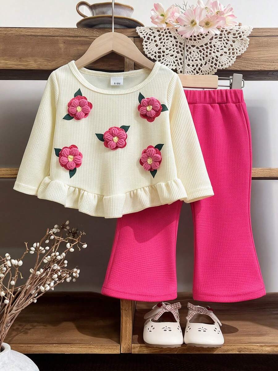Setelan 2 Potong Kasual Manis Musim Semi/Gugur untuk Bayi Perempuan, Desain Hem Berumbai Bunga 3D, Atasan Lengan Panjang Rajut Waffle Leher Bulat + Celana Panjang Flare Warna Fuchsia - Hot Pink - View 1