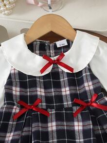 1pc Baby Girl Academy Style Peter Pan Collar Long Sleeve Plaid Dress, Thin Spring/Autumn Princess Dress - Royal Blue - View 4